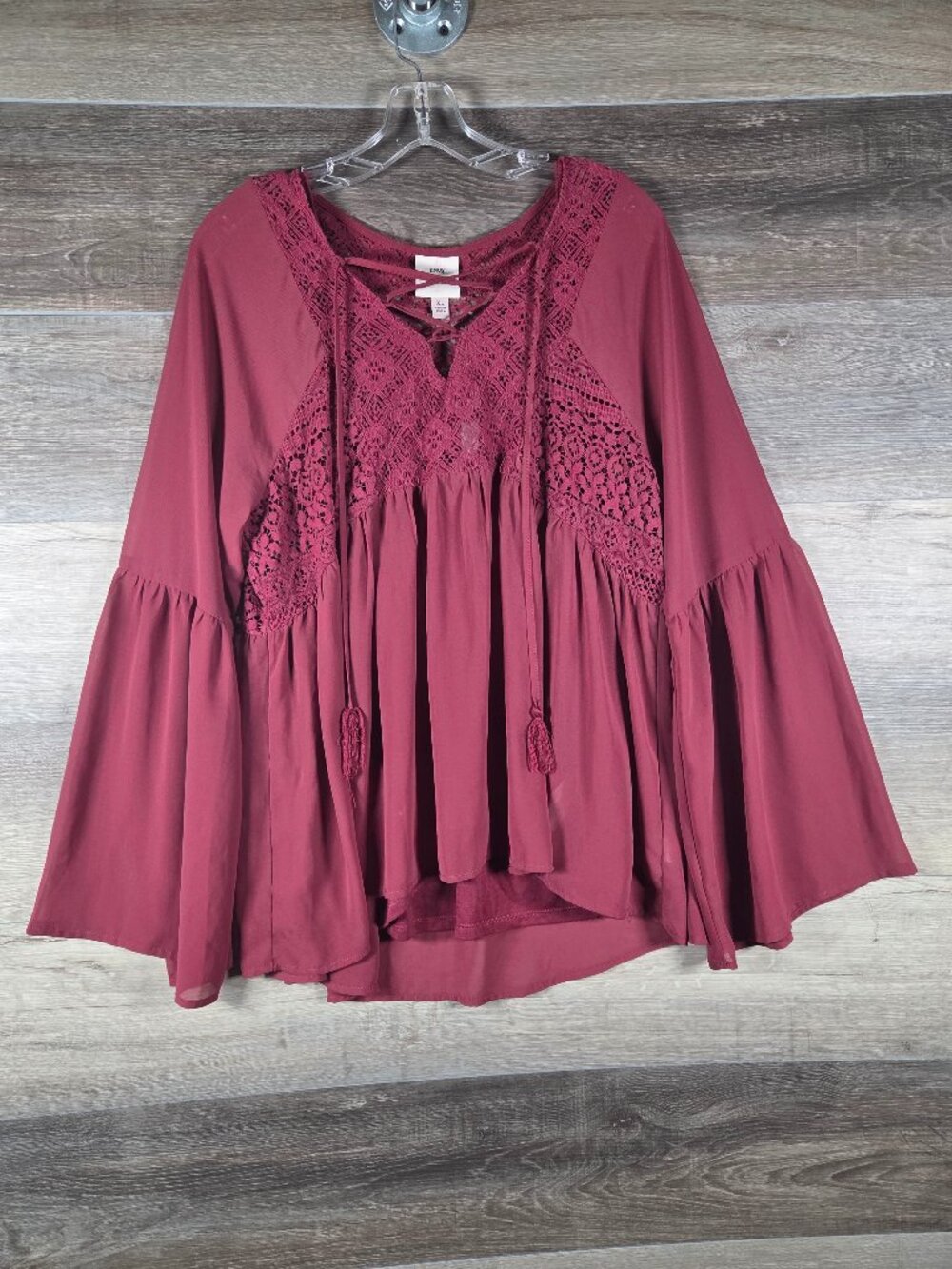 Knox Rose Burgundy Lace Bell Sleeve Boho Peasant Top Women's XL